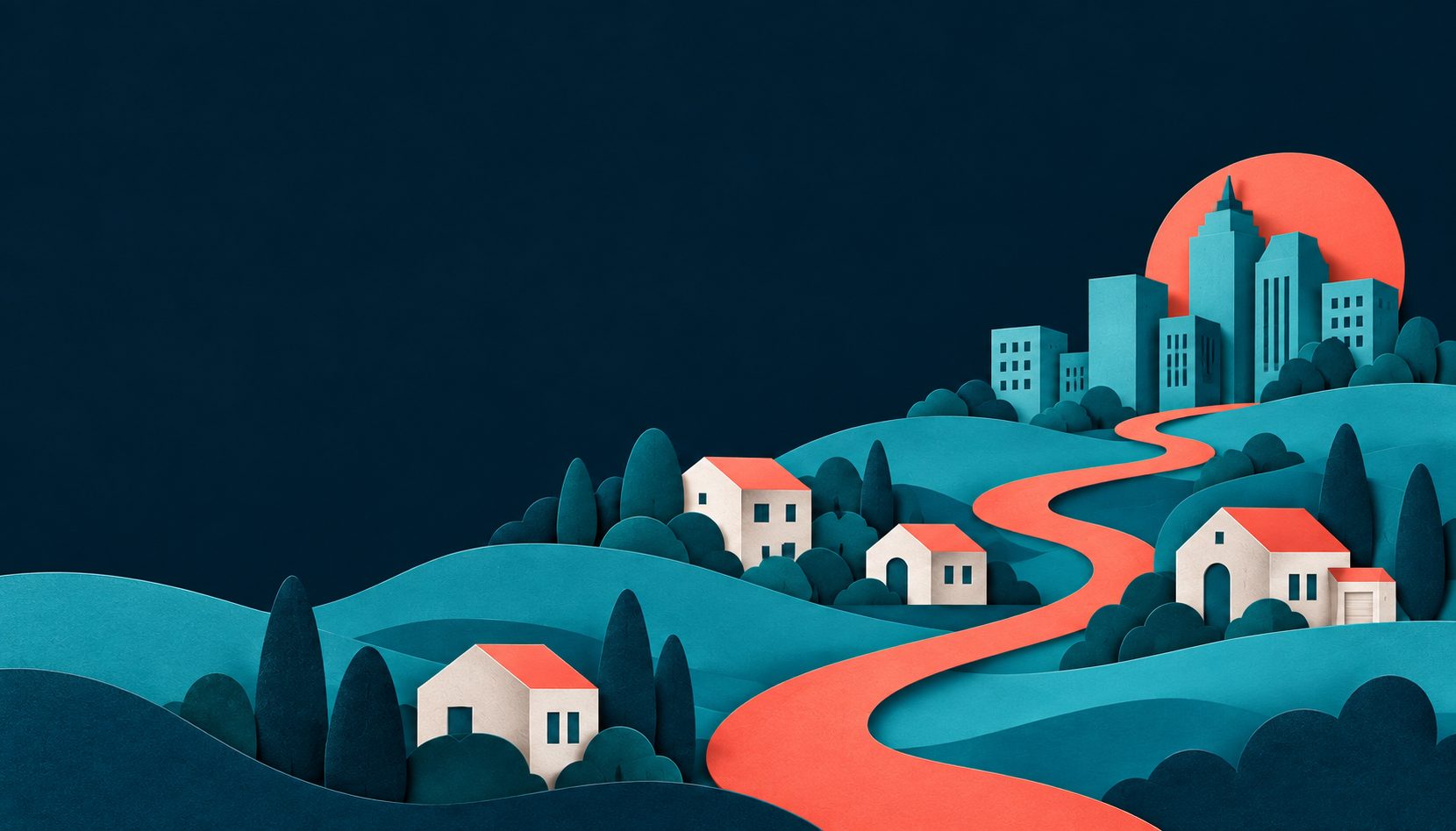 Maisons claires et immeubles turquoise en papier découpé, reliés par un chemin corail sur fond bleu profond.