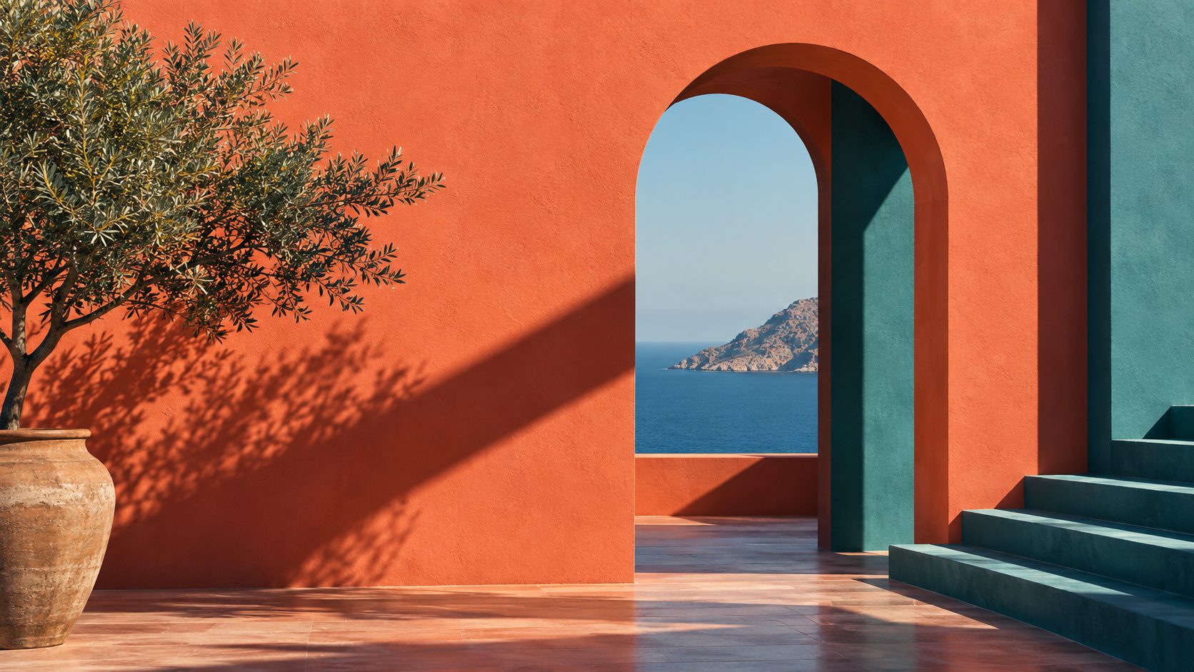 Façade architecturale aux tons corail et turquoise, avec une ouverture et des ombres géométriques.