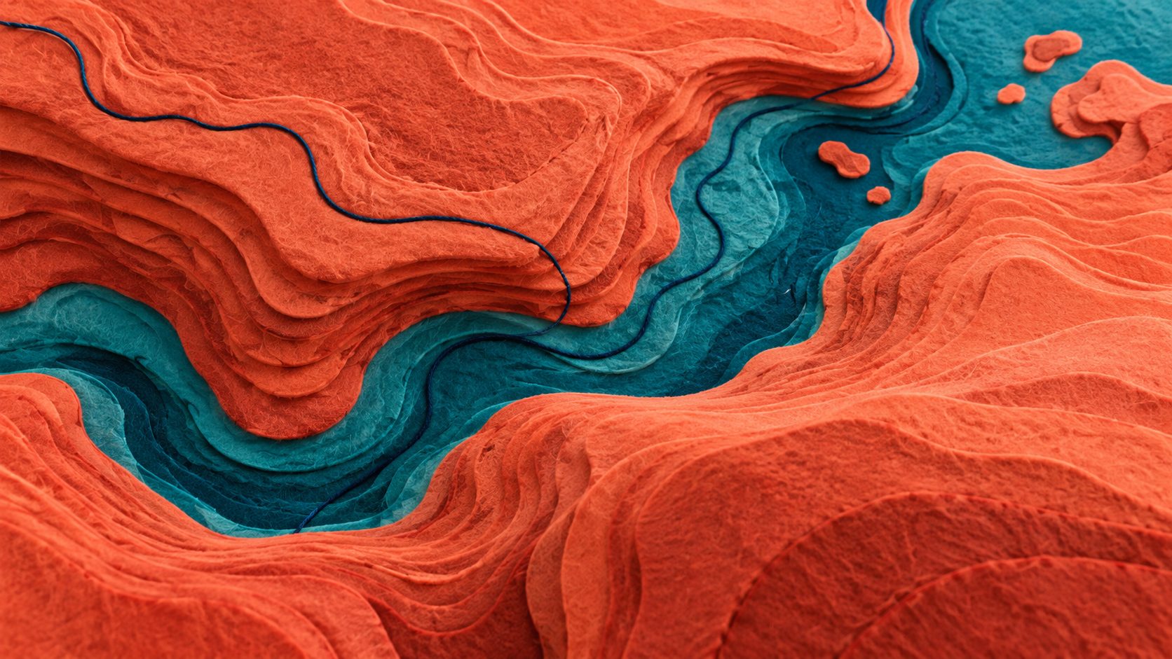 Relief topographique abstrait turquoise et corail, traversé par un fil bleu profond.