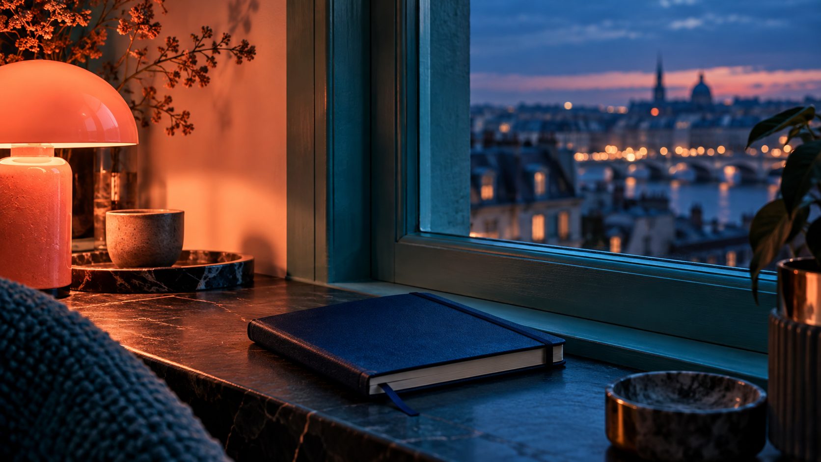 Carnet bleu profond près d’une fenêtre turquoise, éclairé par une lampe corail.