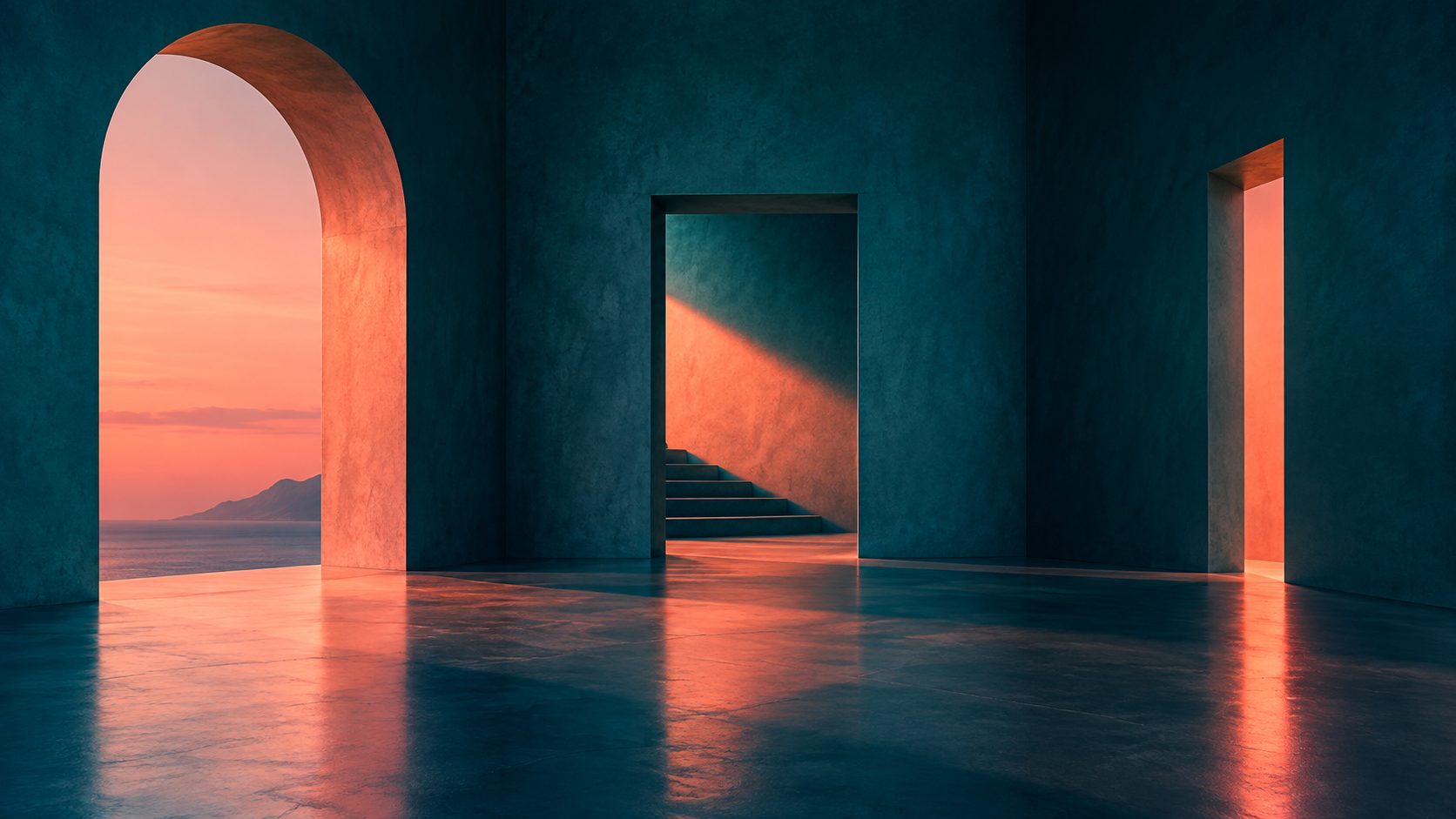 Couloir architectural turquoise avec plusieurs ouvertures et des reflets corail.