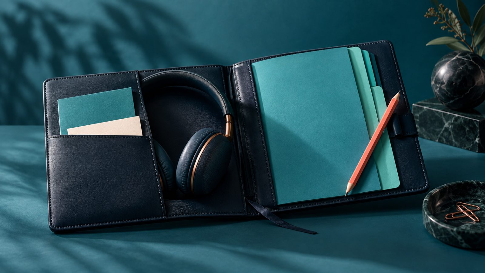 Portfolio bleu profond et accessoires de travail turquoise et corail.