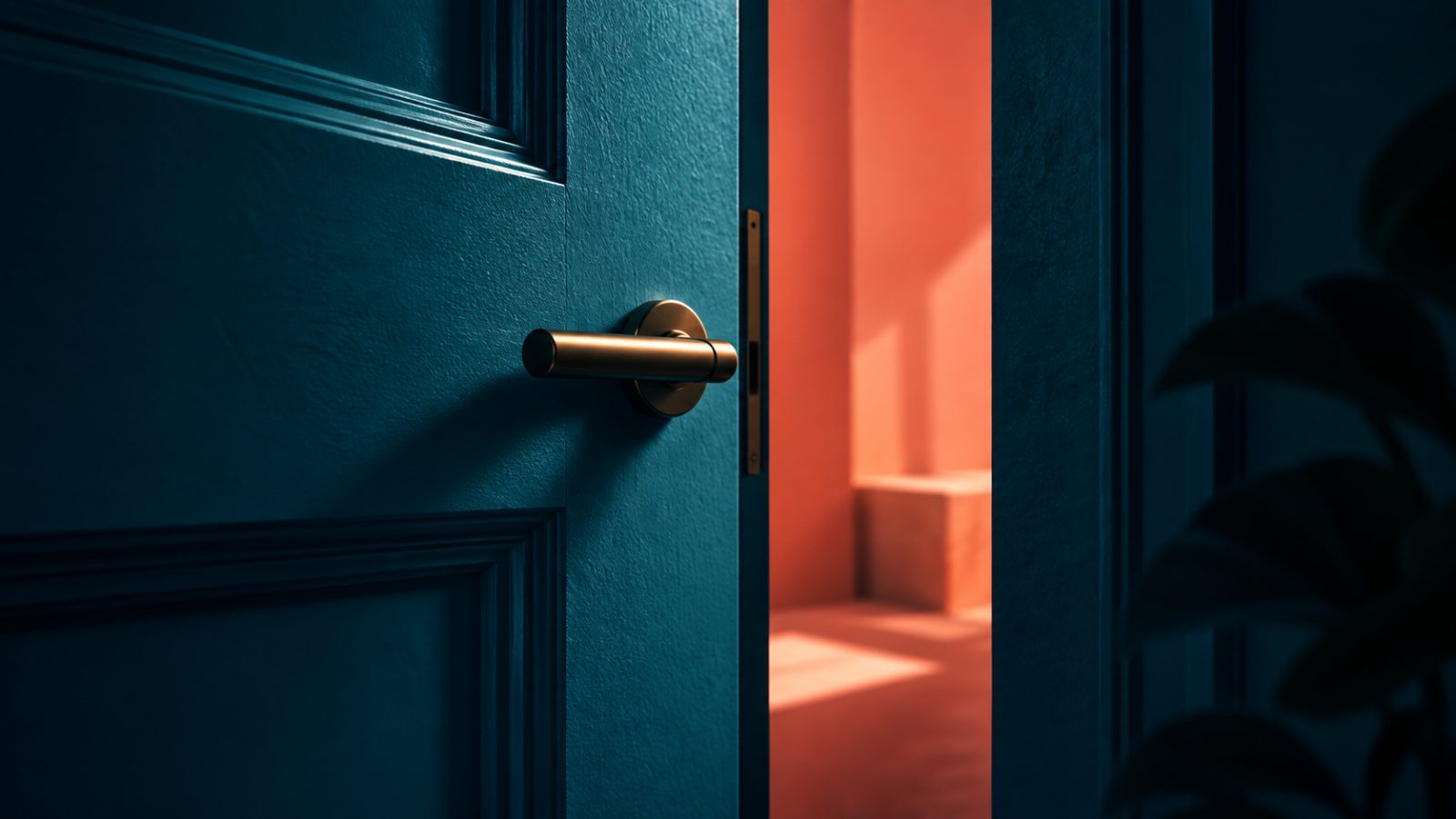 Porte turquoise entrouverte laissant apparaître une lumière corail.