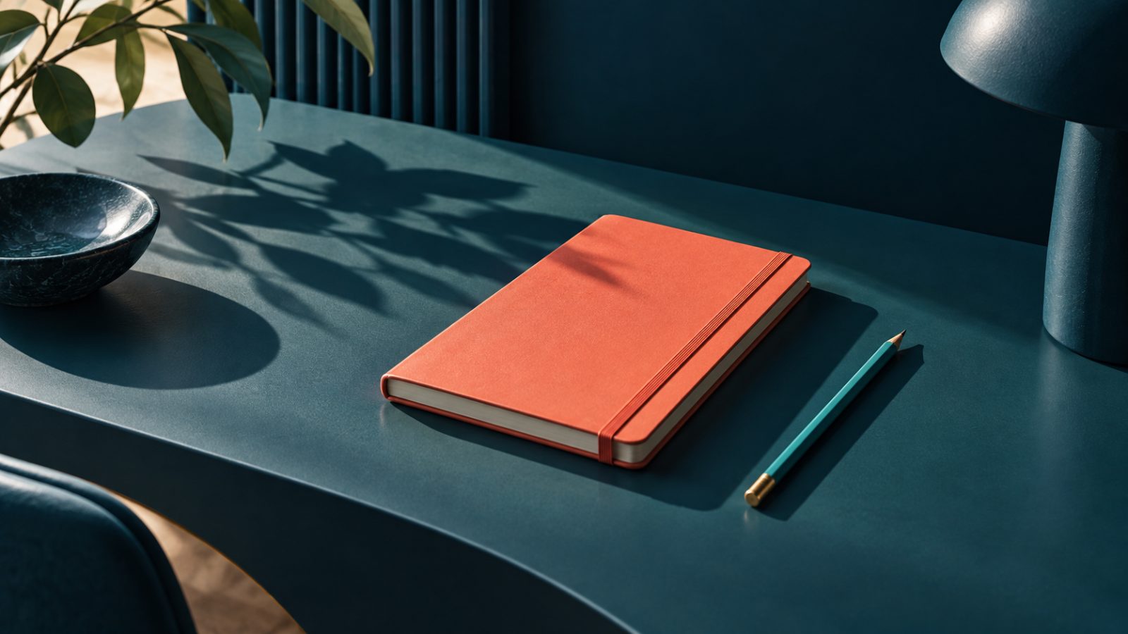Carnet corail et crayon turquoise sur un bureau bleu pétrole, dans une lumière latérale.