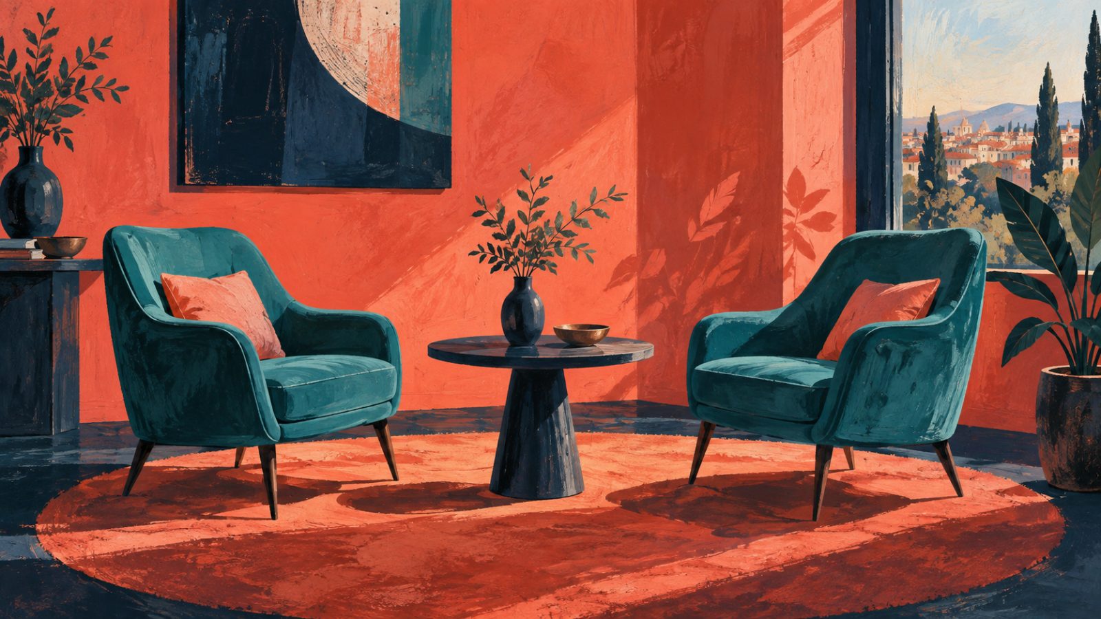 Deux chaises turquoise autour d’une table dans une pièce corail, illustration peinte.