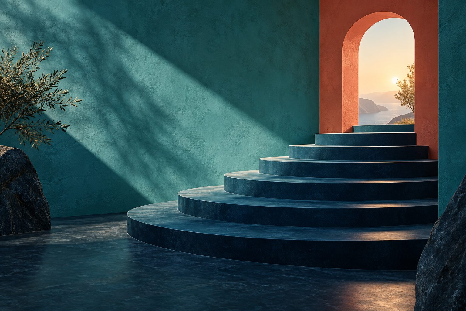 Escalier bleu profond menant à une ouverture corail dans un décor turquoise, illustration des étapes d’une réflexion professionnelle.