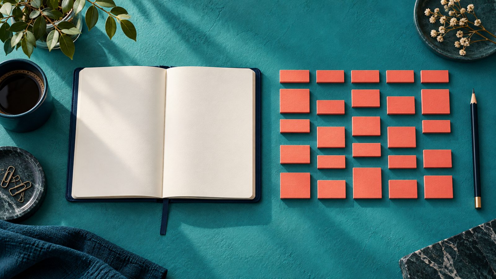 Agenda ouvert et blocs corail disposés sur un bureau turquoise pour évoquer la répartition du temps.