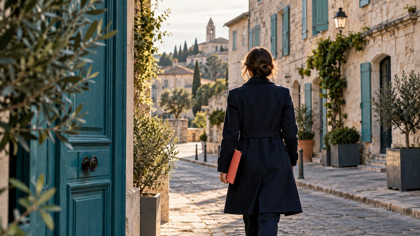 Une professionnelle marche dans une rue avec un dossier corail, illustration des déplacements à prévoir dans une journée.