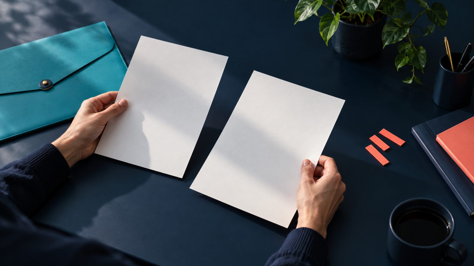 Deux feuilles comparées sur un bureau bleu marine, avec une pochette turquoise et des repères corail.