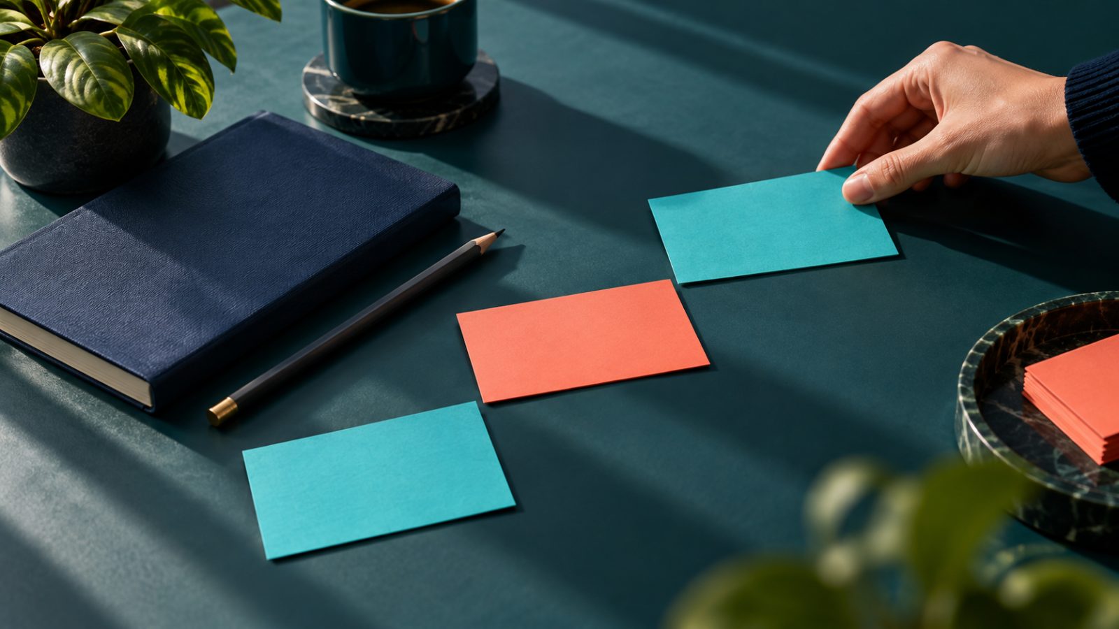 Une main dispose trois cartes turquoise et corail près d’un carnet pour représenter les étapes d’un accompagnement.