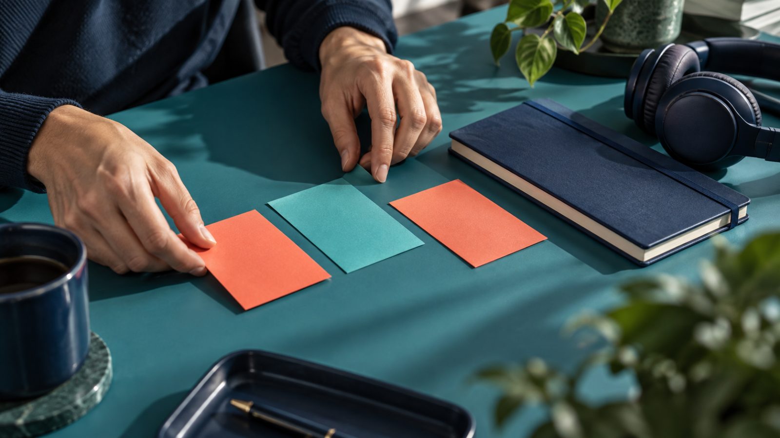 Des mains disposent trois cartes corail et turquoise près d’un carnet et d’un casque pour préparer un échange en visioconférence.