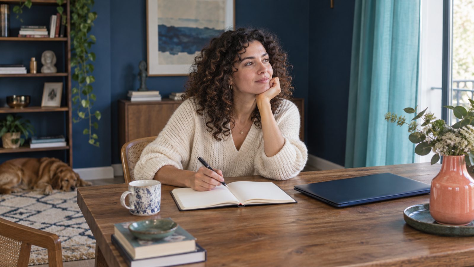 Une femme réfléchit avec un carnet ouvert après un échange professionnel, dans un espace de travail aux touches turquoise et corail.