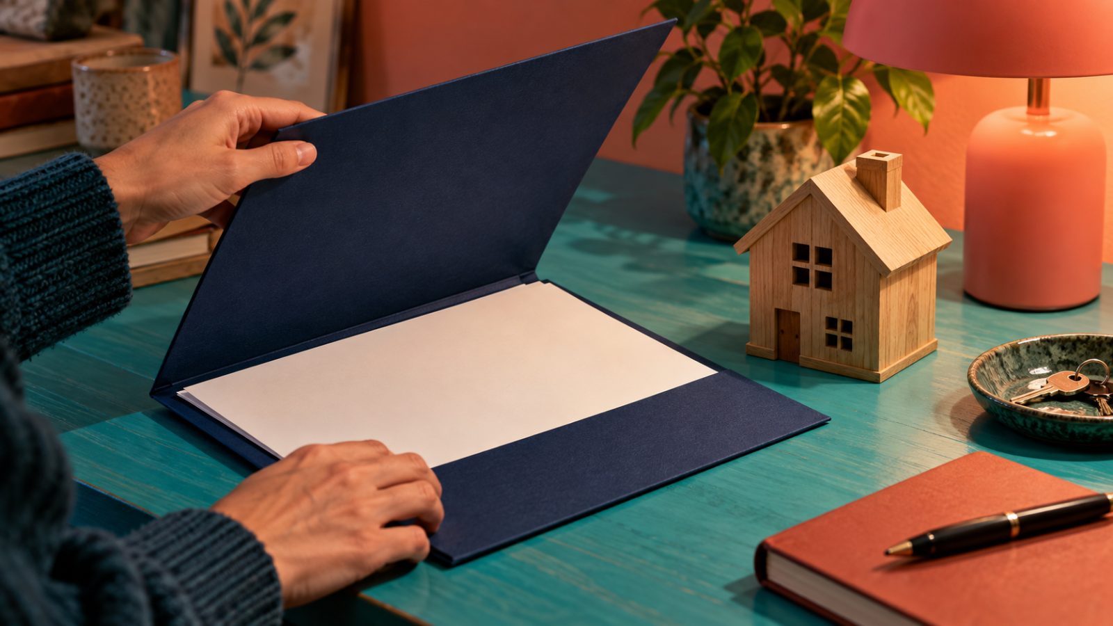Des mains ouvrent un dossier bleu près d’une petite maison en bois pour illustrer une première découverte du secteur immobilier.