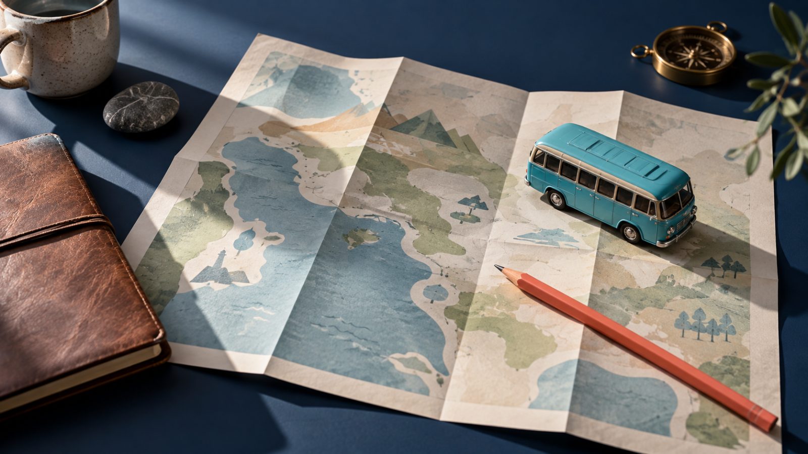 Une carte illustrée, un petit véhicule turquoise et un crayon corail évoquent la préparation des déplacements professionnels.