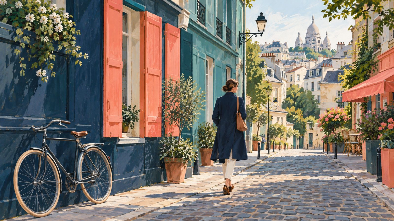 Une rue en pente avec un vélo et une passante illustre les déplacements et la connaissance du terrain dans un projet immobilier.