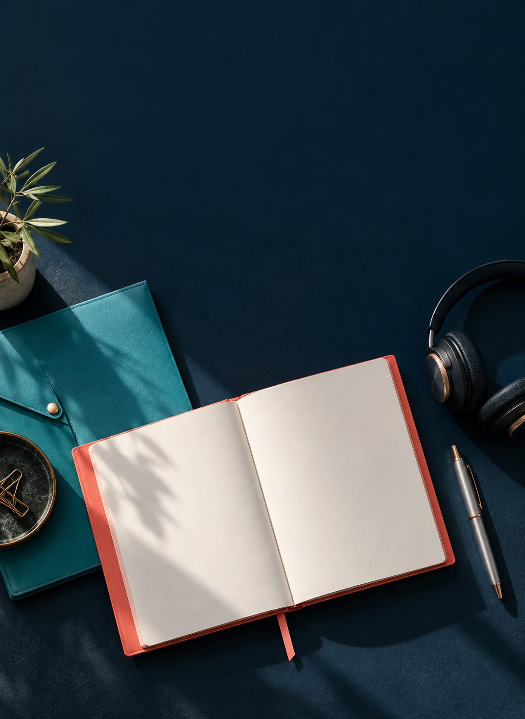 Carnet ouvert, dossier turquoise et casque sur un bureau bleu nuit.